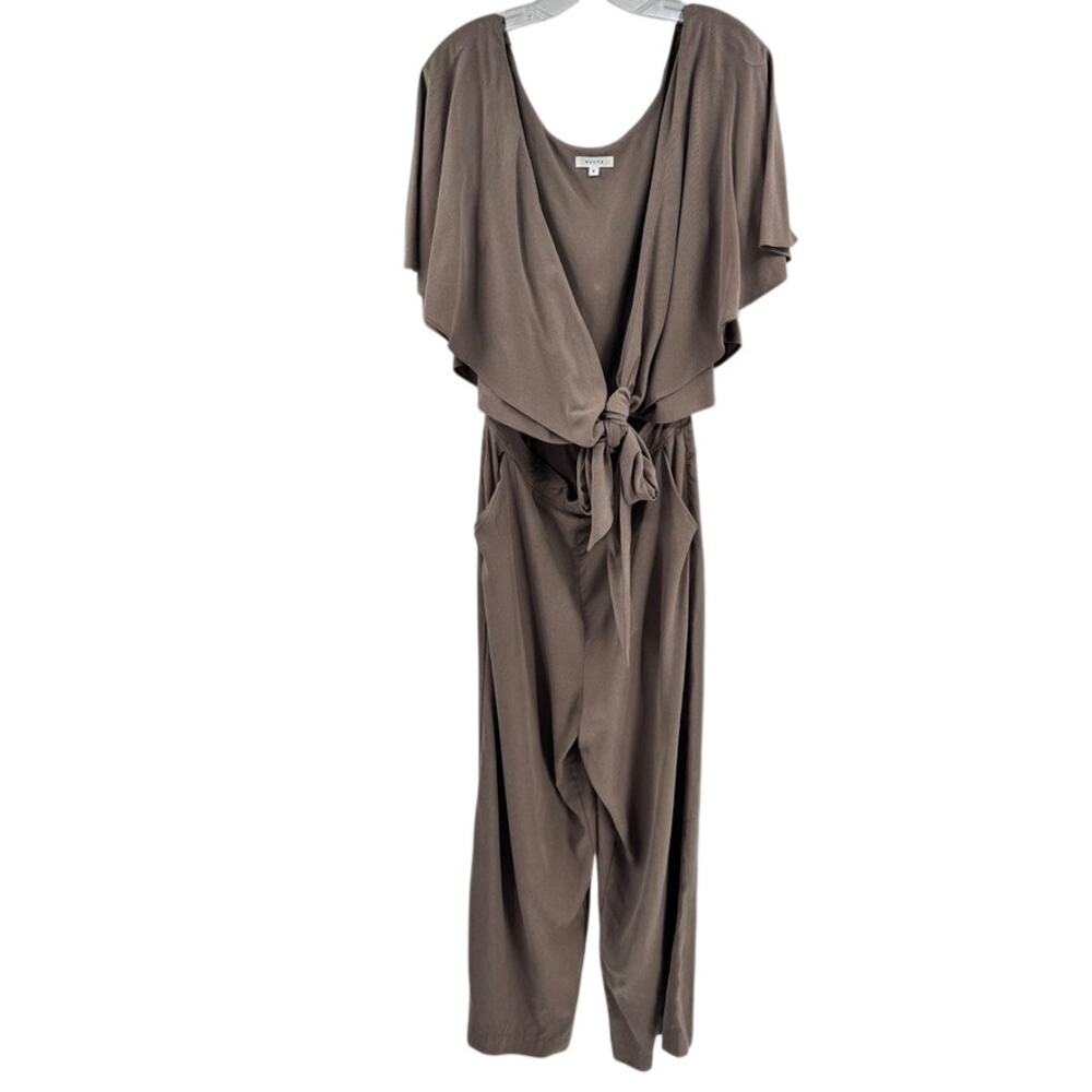 Vetta Cape Tie Front Jumpsuit Sz 8 Taupe Tan Wide Leg Capsule Minimalist